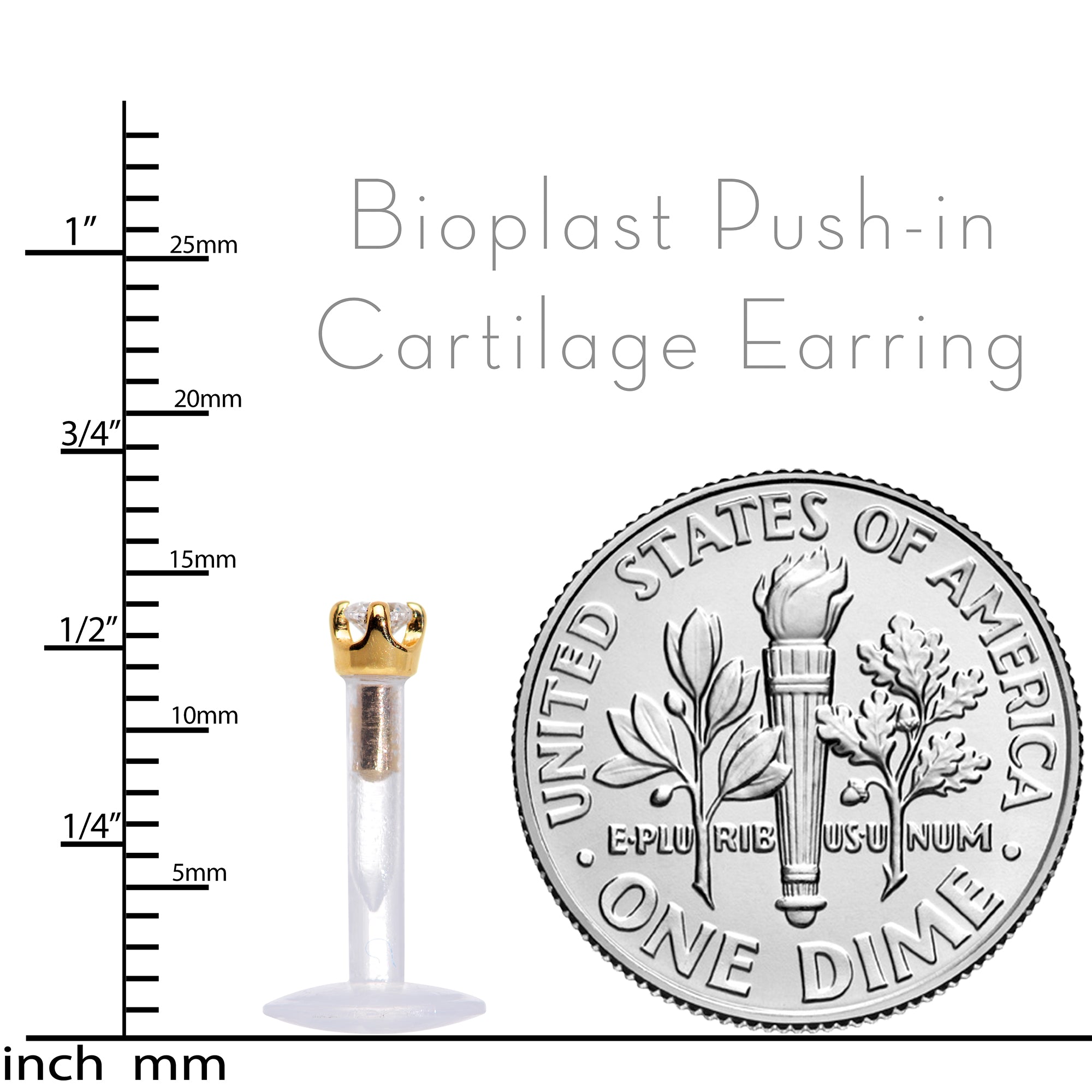 16G 1/4 Solid 14K Yellow Gold 1.5mm CZ Bioplast Push in Cartilage Earring