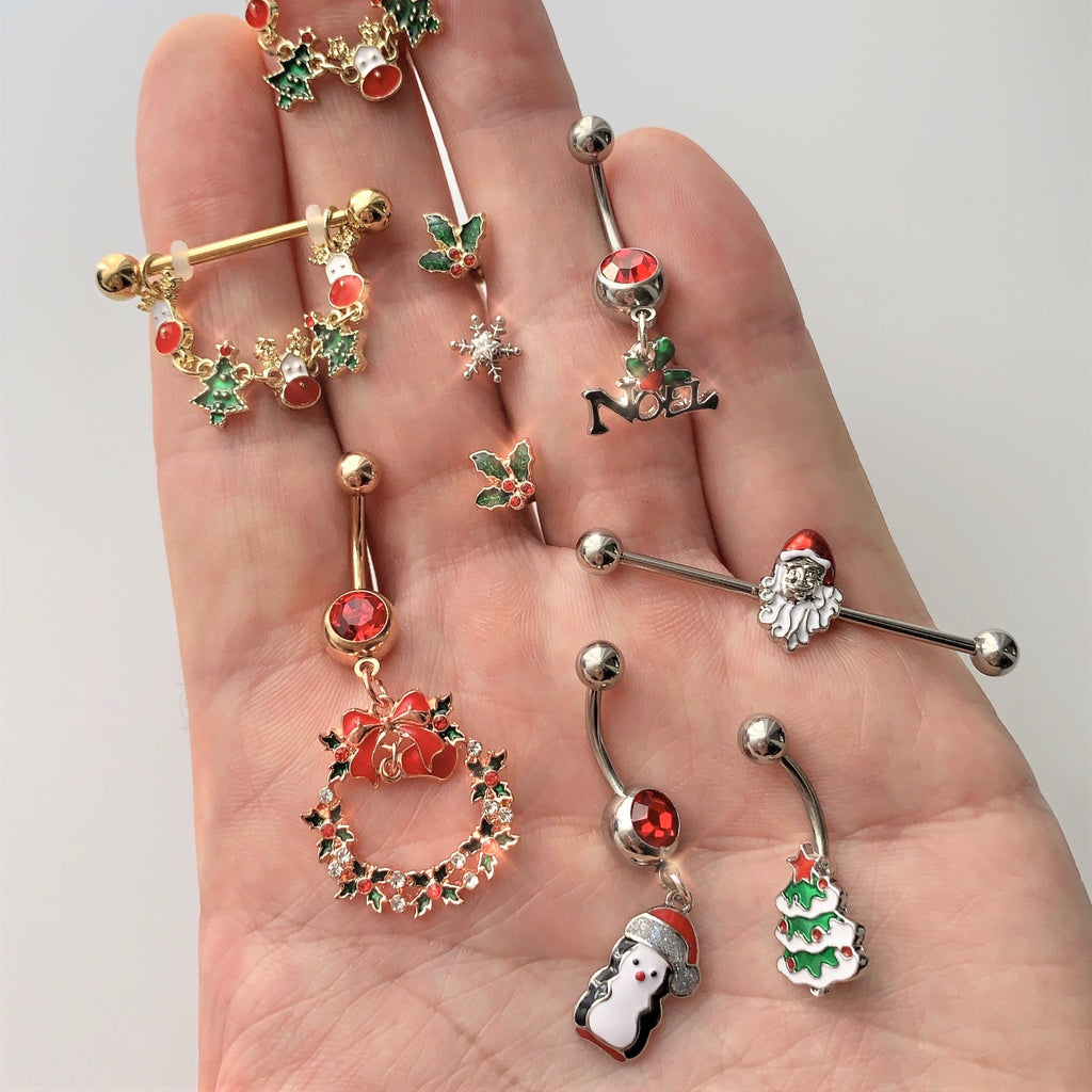 Green Red White Christmas Tree Holiday Belly Ring