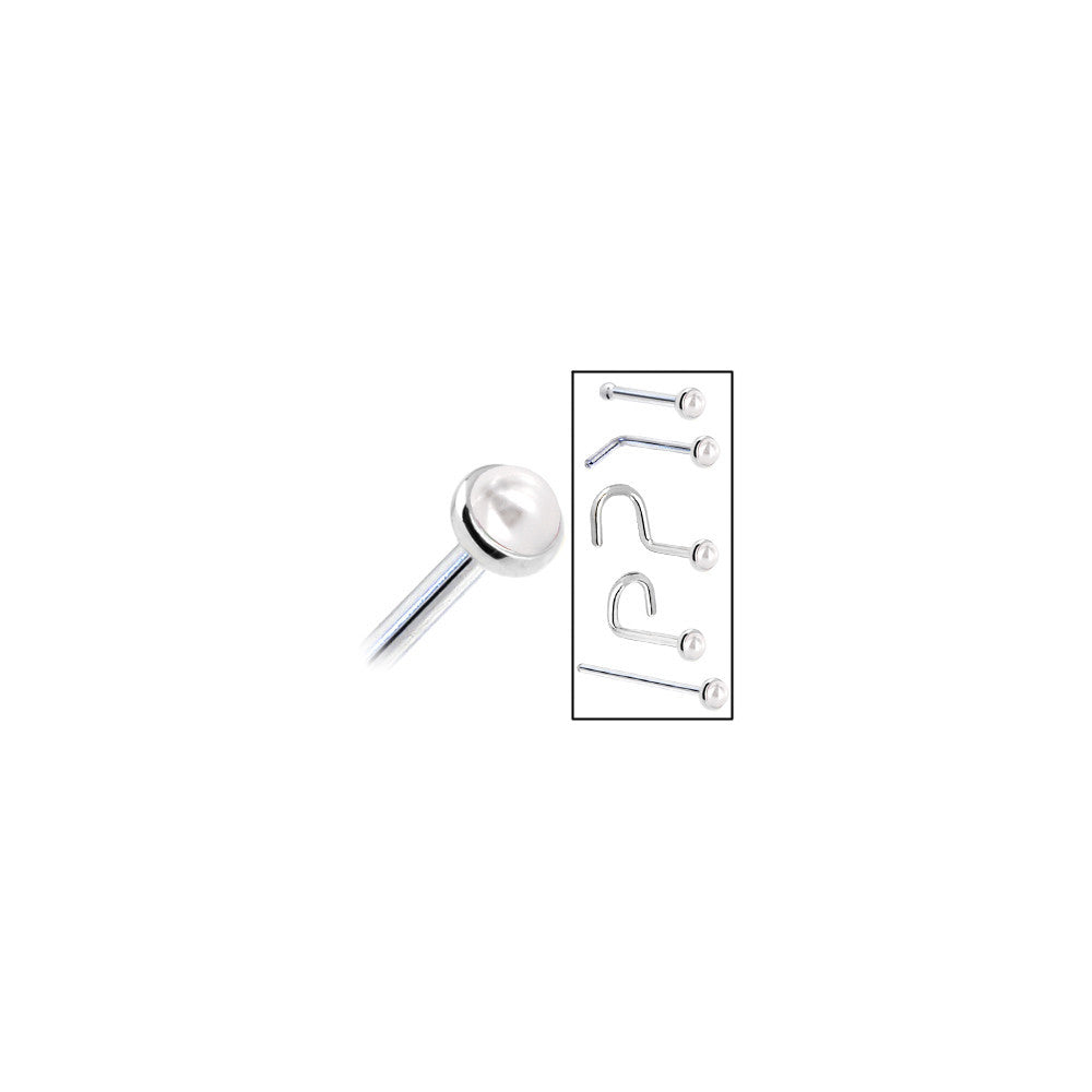 Solid 14K White Gold 2mm Cultured Pearl Nose Ring