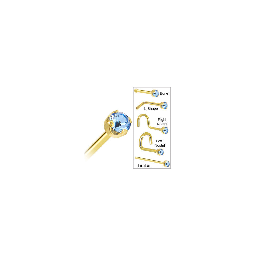Solid 14K Yellow Gold 2mm Light Blue Cubic Zirconia Nose Ring
