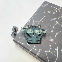 Cat with Fish Enamel Pin – Silly Cat Expression for Fun Outfits