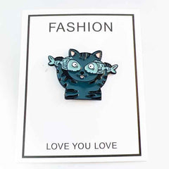 Cat with Fish Enamel Pin – Silly Cat Expression for Fun Outfits