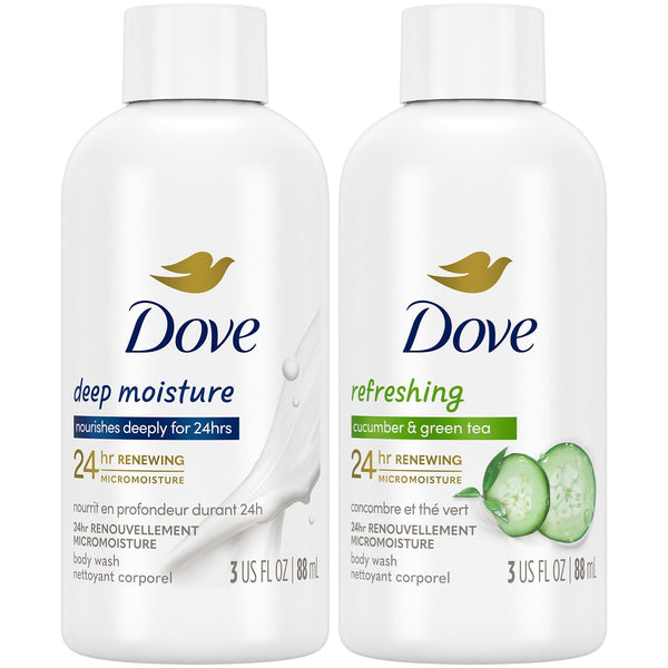 Dove Body Wash Travel Essentials Variety 2-Pack – Cucumber & Green Tea + Deep Moisture Nourishing Body Washes 3 Oz Ea