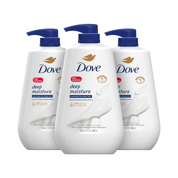 Dove Deep Moisture Body Wash 30.6 Fl Oz Pack of 3 with Pump Luxurious Hydration for Dry Skin Cleanser with 24hr Renewing MicroMoisture