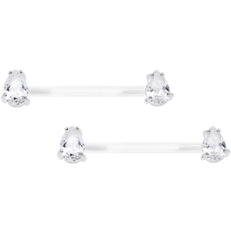 13/16 925 Silver Clear Gem Bioplast Teardrop Nipple Ring Set