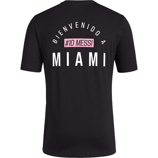 adidas Mens Soccer Messi X Miami Bienvenido a Miami Tee - Classic Relax Fit with Messi Graphic Logo and #10 Available in Black & White (Small Black)