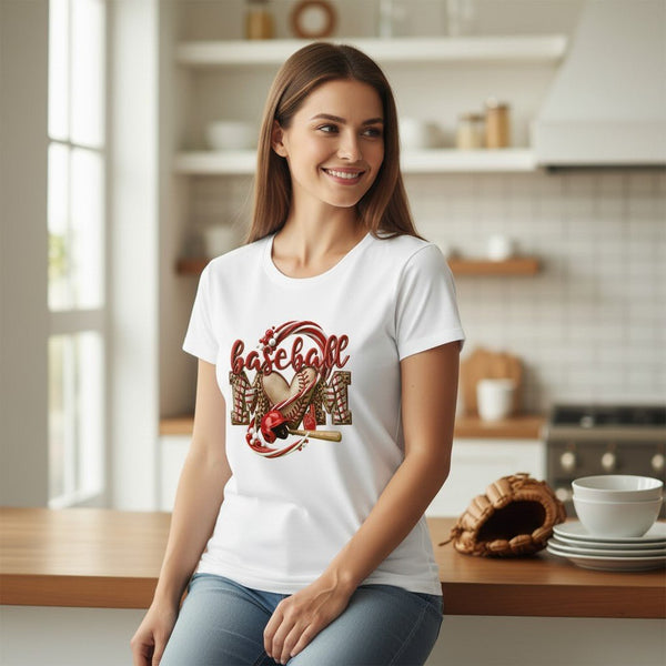 Baseball Mom Heart Graphic T-Shirt 100% Cotton Game Day Casual Top
