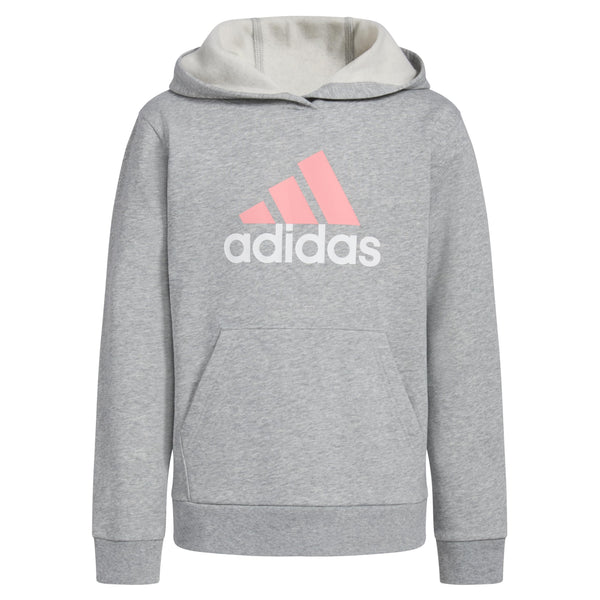 adidas Girls Long Sleeve Graphic Fleece Hooded Pullover Medium Grey Heather Pastel