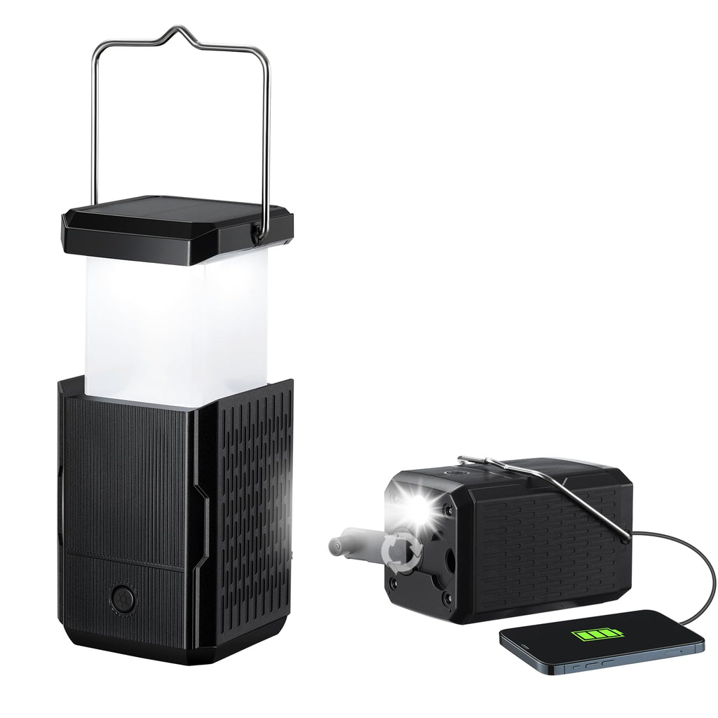 2 Pack Camping Lantern Rechargeable Hand Crank & Solar Camping Lights with USB Output Tent Lights for Camping Portable Camp Lamp Camping Hurricane Home Power Failure Essentials (Black 2 Pack)