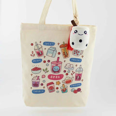 Cream Boba Tote – Canvas Bag with Enamel Pin & Keychain Gift