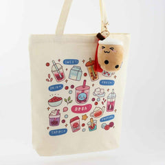 Cream Boba Tote – Canvas Bag with Enamel Pin & Keychain Gift