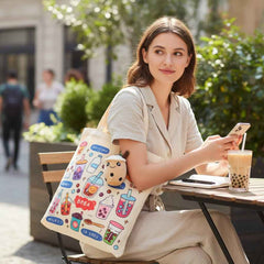 Cream Boba Tote Bag – Cute Gift with Keychain & Enamel Pin