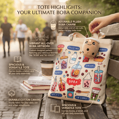 Cream Boba Tote Bag – Cute Gift with Keychain & Enamel Pin