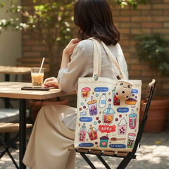 Cream Boba Tote Bag – Cute Gift with Keychain & Enamel Pin