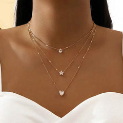 Crystal Zirconia Heart Star Charm Layered Pendant Necklace