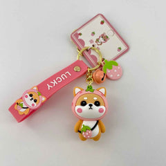 Pink Strawberry Shiba Inu Keychain, Zinc Alloy Keyring, Cute Kawaii Bag Charm, Everyday Purse Accessory Gift For Women