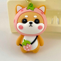 Pink Strawberry Shiba Inu Keychain, Zinc Alloy Keyring, Cute Kawaii Bag Charm, Everyday Purse Accessory Gift For Women