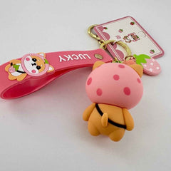 Pink Strawberry Shiba Inu Keychain, Zinc Alloy Keyring, Cute Kawaii Bag Charm, Everyday Purse Accessory Gift For Women