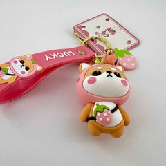 Pink Strawberry Shiba Inu Keychain, Zinc Alloy Keyring, Cute Kawaii Bag Charm, Everyday Purse Accessory Gift For Women