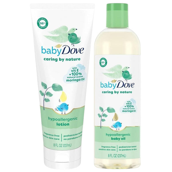 Dove Baby Oil & Baby Lotion Caring by Nature – Hypoallergenic Oil & Lotion Nourishing Moringa Oil & Vitamin E Oil for Skin Fragrance Free 8 Oz Ea (2 Piece Set)