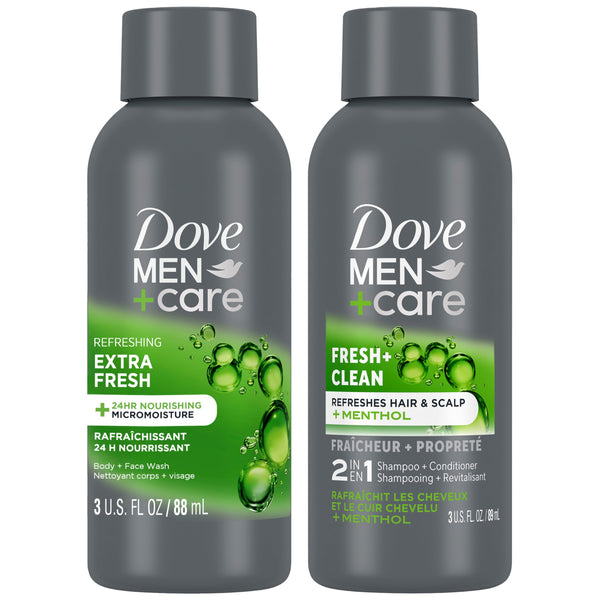 Dove Men+Care Travel Essentials Bundle – Extra Fresh Body & Face Wash & Fresh + Clean 2-in-1 Shampoo 3 Oz Ea