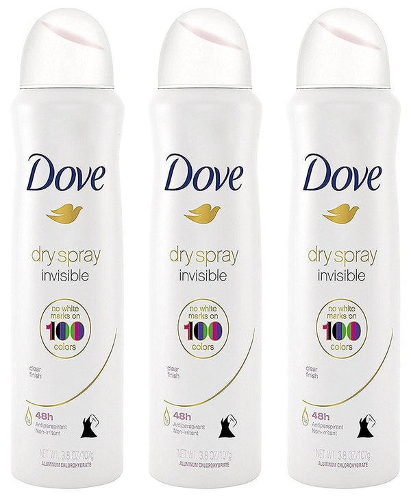 Dove Antiperspirant Dry Spray - Invisible - Clear Finish - 3.8 OZ (107 g) Per Can - Pack of 3 Cans