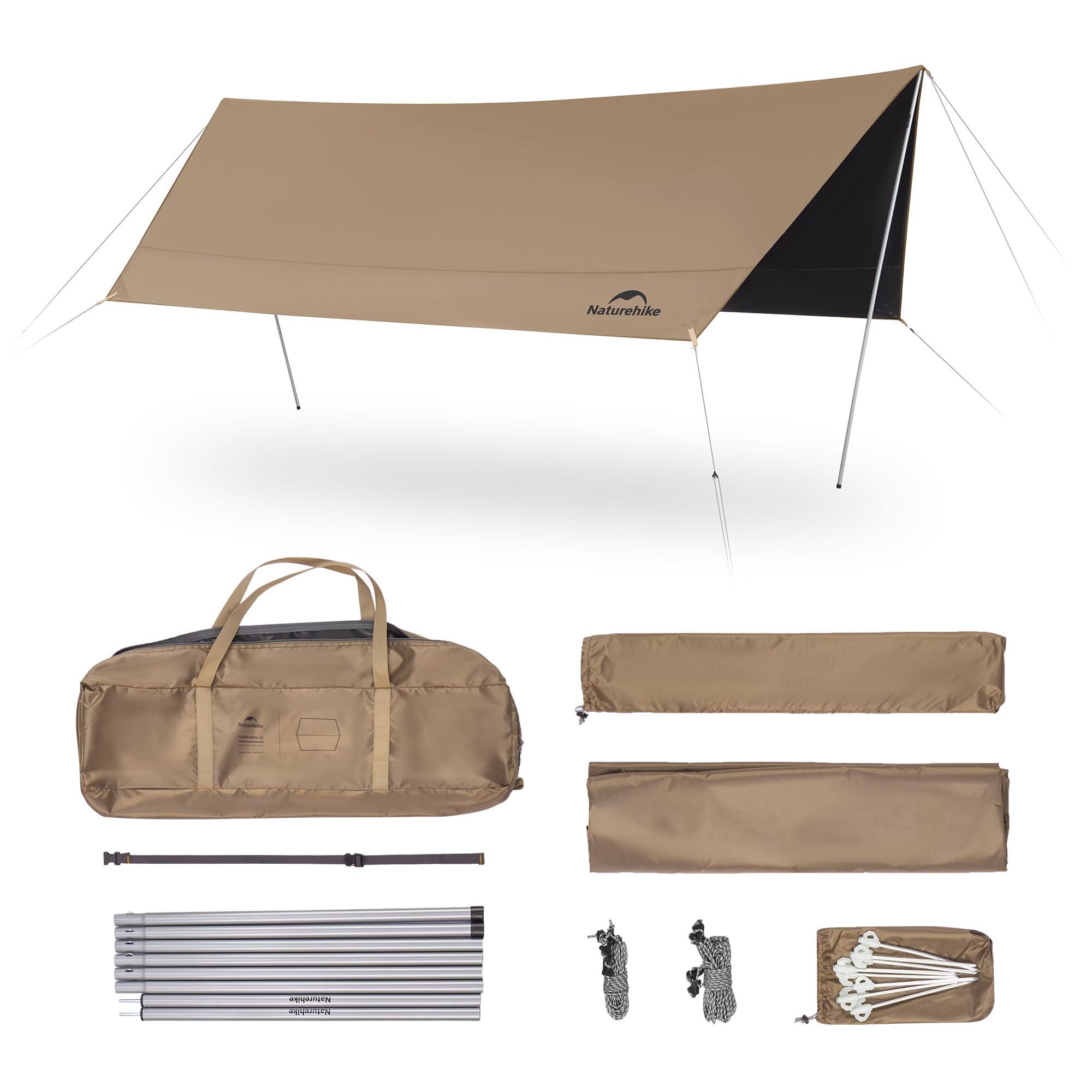 Naturehike Cloud Skies Camping Tent Tarp with Poles Waterproof PU 18000mm+ Rain Shelter Anti-UV UPF2000+ Camping Sun Shelter Camping Canopy Camping Tent Canopy for Outdoor Party Picnic
