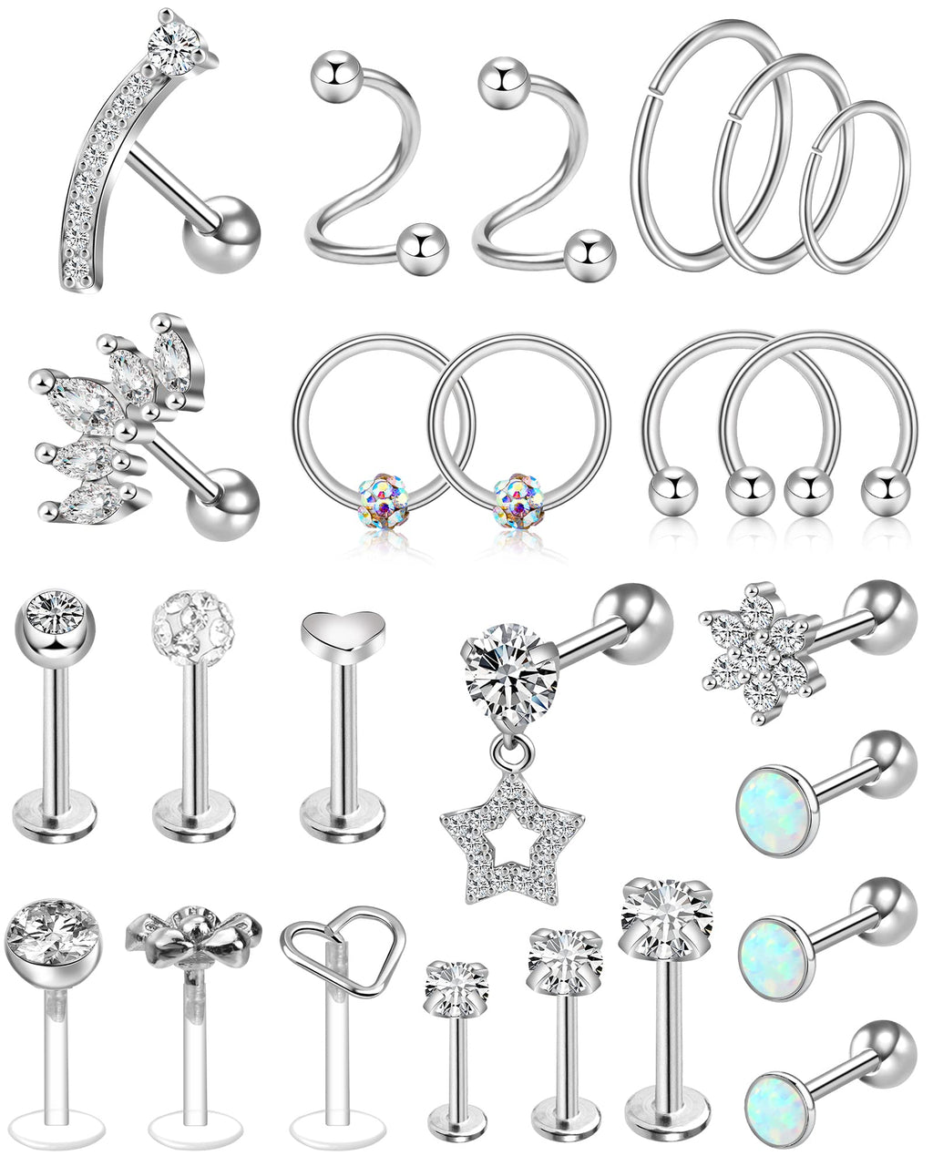 ONESING 25 Pcs Tragus Piercing Jewelry 16g 20g Silver Tragus Jewelry Hypoallergenic Forward Helix Piercing Jewelry Surgical Stainless Steel Cartilage Earrings for Women Hoop Ear Cuffs
