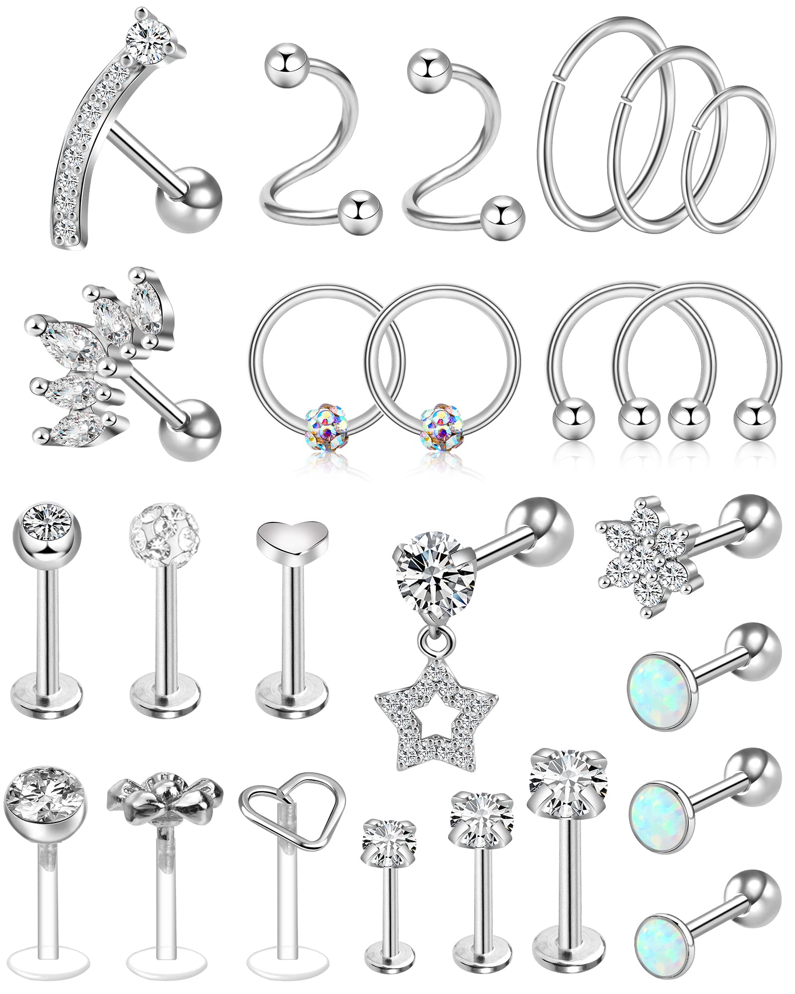 ONESING 25 Pcs Tragus Piercing Jewelry 16g 20g Silver Tragus Jewelry Hypoallergenic Forward Helix Piercing Jewelry Surgical Stainless Steel Cartilage Earrings for Women Hoop Ear Cuffs