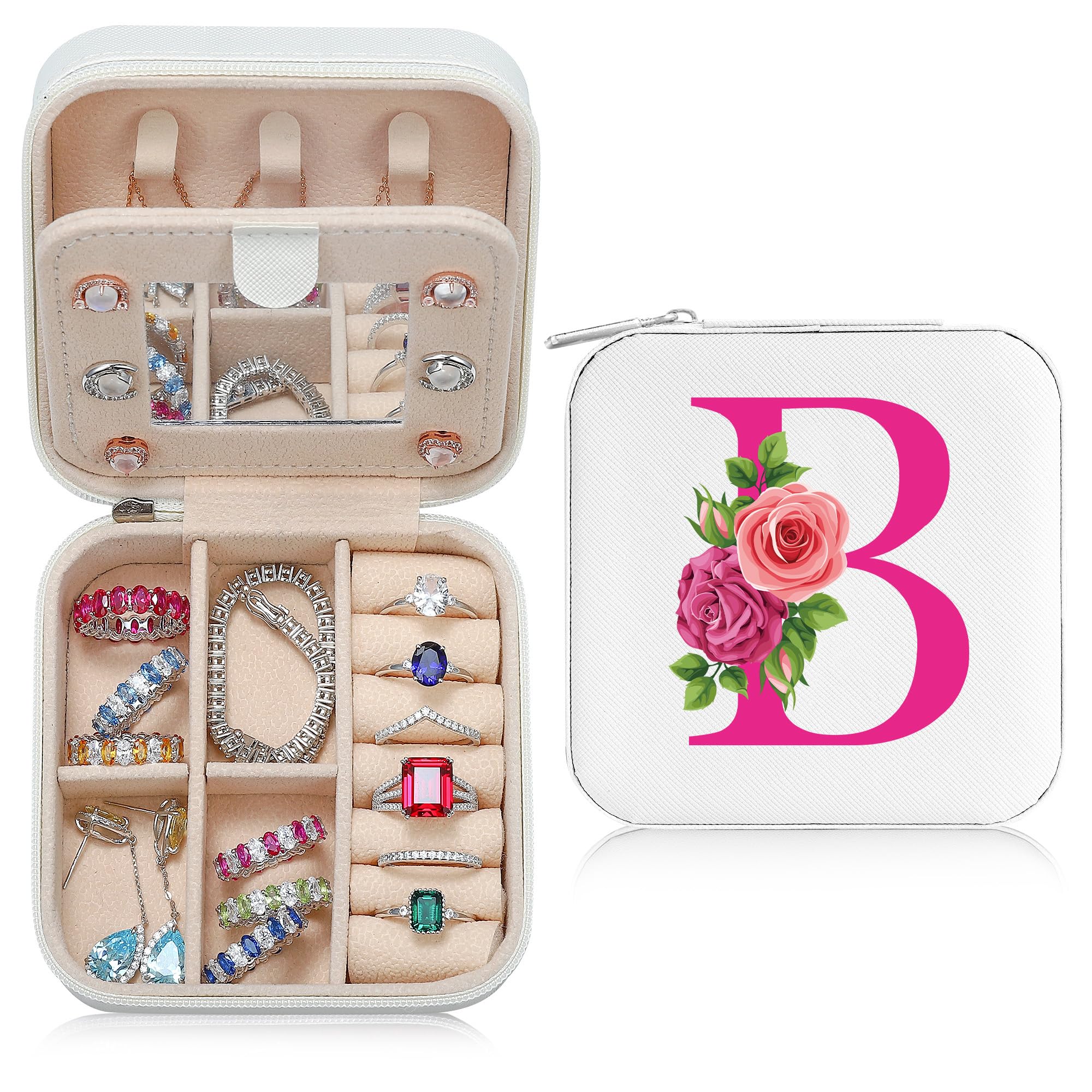 Parima Graduation Jewelry Boxes for Travel - Pink Travel Jewelry Boxes for Women Travel Jewelry Organizer for Jewelry Necklace Earrings Bracelets Travel Gifts for Women Friends - Letter B White