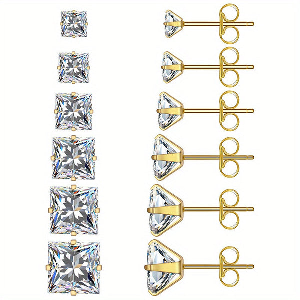 316 Stainless Steel Square Stud Earrings with Cubic Zirconia Accents
