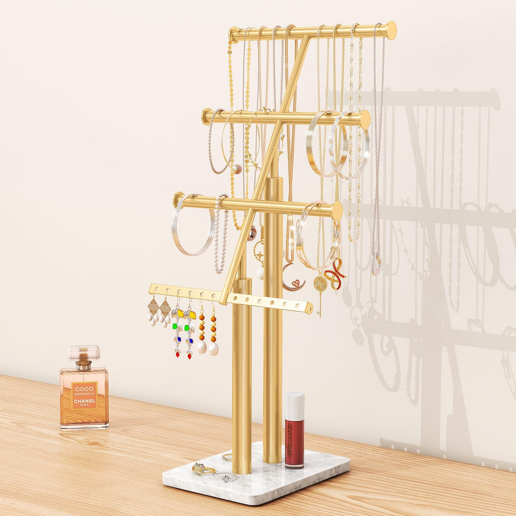 KLJKPA Jewelry Tree Stand Gold Jewelry Organizer with Marble Base 17" Tall Necklace Display Stand with 4-Tier Jewelry Rack Metal Jewelry Holder Necklaces Earrings Bracelets Rings - Gold