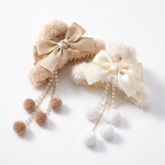 Faux Fur Bow Hair Claw Clips 2 Pack Pearl Dangle Tassel