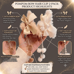 Faux Fur Bow Hair Claw Clips 2 Pack Pearl Dangle Tassel