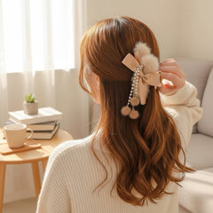 Faux Fur Bow Hair Claw Clips 2 Pack Pearl Dangle Tassel