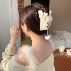 Faux Fur Bow Hair Claw Clips 2 Pack Pearl Dangle Tassel