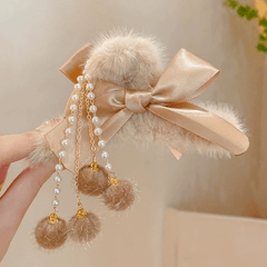 Faux Fur Bow Hair Claw Clips 2 Pack Pearl Dangle Tassel