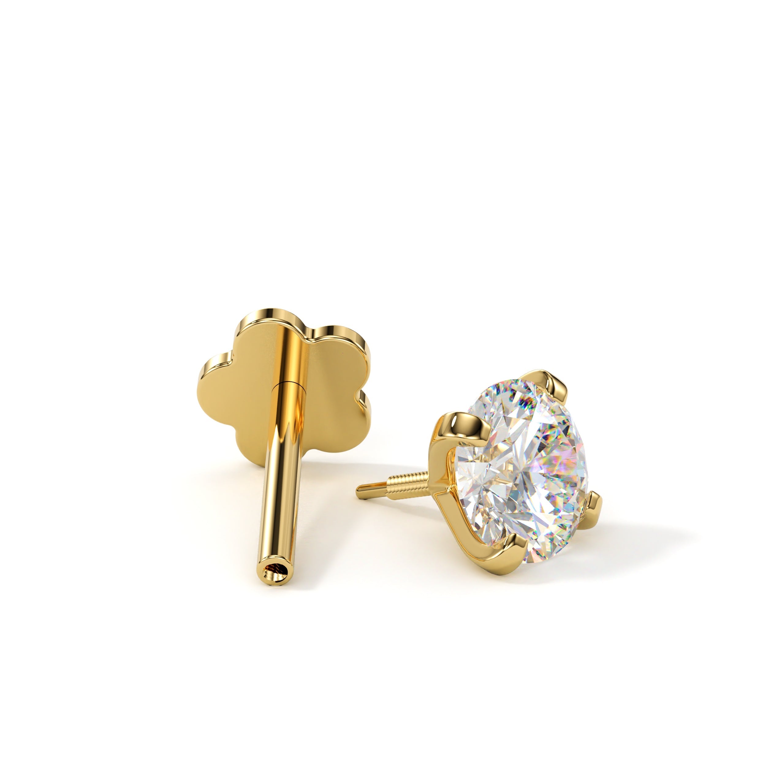 14k Yellow Gold Flat Back Earring 20G 4mm CZ Floral Reversible