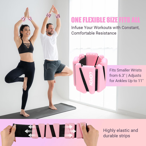 Pink FITWAY adjustable ankle and wrist weights shown on two people with stretchable straps