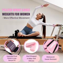 Pink FITWAY adjustable silicone ankle and wrist weights shown during a Pilates workout