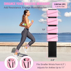 Pink FITWAY ankle and wrist weights shown during walking with size measurements