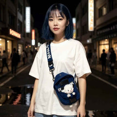 Kawaii Denim Crossbody Sling Bag with Sheep Charm Adjustable Strap