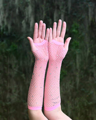 Pink Rhinestone Fingerless Gloves
