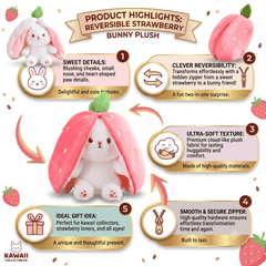 Reversible Strawberry Bunny Plush Toy Soft Polyester Stuffed Animal for Kids Hide and Seek Transforming Toy