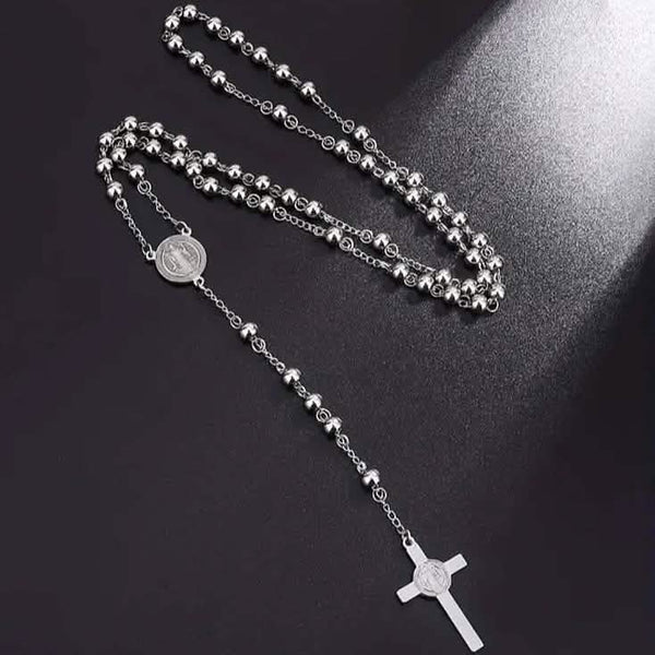 San Benito Golden Plated Stainless Steel Priest Saint Benedict Rosary Necklace