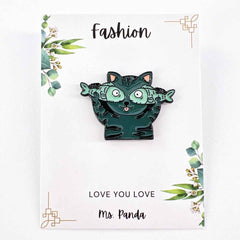 Cat with Fish Enamel Pin – Silly Cat Expression for Fun Outfits