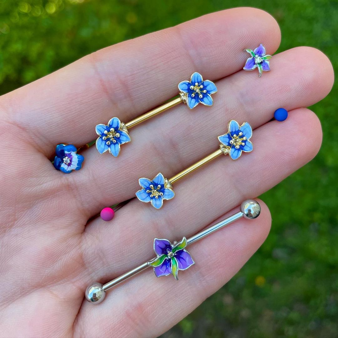 14G 9/16 Clear Gem Gold Tone Blue Spring Flower Nipple Ring Set