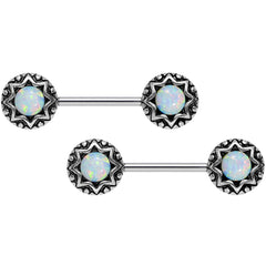14G 5/8 White Synthetic Opal Lotus Flower Nipple Barbell Set