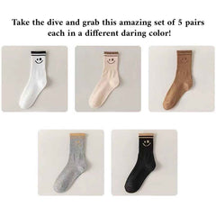 5 Pairs Smiley Face Crew Socks – Cute Cotton Socks for Women