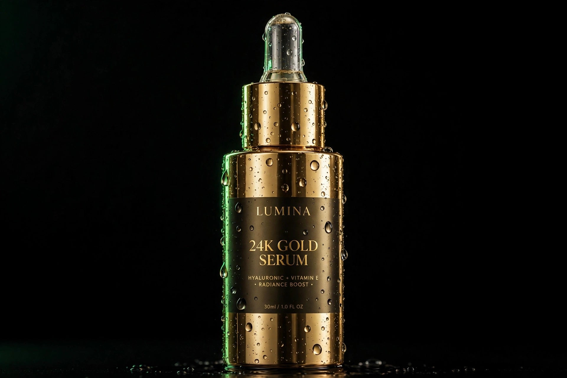 Gold skincare bottle on a black background